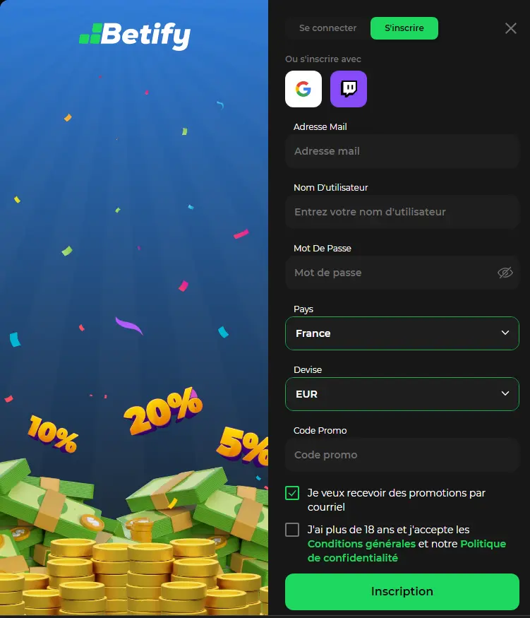 Registrazione sul sito web di Betify casino