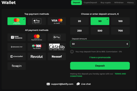 depositare su Betify casino